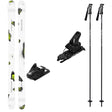 Oblivion94w_Strive12-A ski equipment set on a plain white background, including a pair of white skis with black and lime green graphics, black ski bindings, and two black ski poles with silver handles.