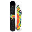 Off-Ramp- Two views of a snowboard with colorful design on a white background