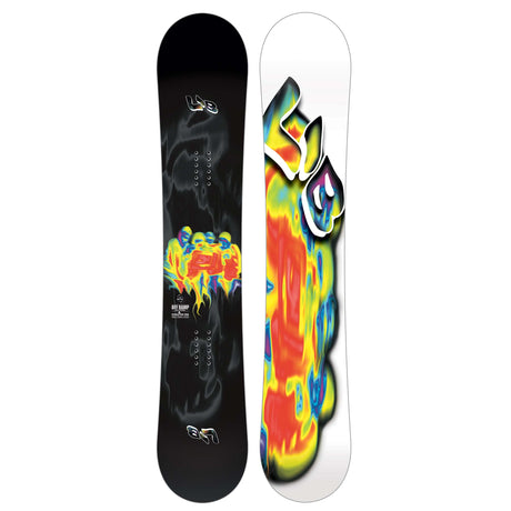 Off-Ramp- Two views of a snowboard with colorful design on a white background