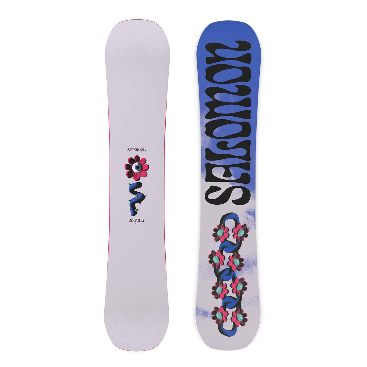OhYeah- Light Pink snowboard with a flower design in the center and a ombre dark blue to pink base with flower design on the tail and 'Salomon' spelled in black at the tip shown on a white background