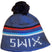 OleHat- A blue knit beanie hat with a black pom-pom on top, featuring horizontal stripes in red, black, light blue, and white, with white lettering reading 'SWIX' on the front.