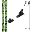 Omen85w_Strive12-A ski bundle featuring a pair of green and black patterned K2 skis, two black bindings, and two black ski poles on a plain white background.