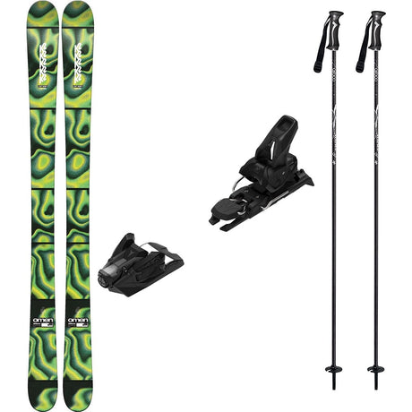 Omen85w_Strive12-A ski bundle featuring a pair of green and black patterned K2 skis, two black bindings, and two black ski poles on a plain white background.