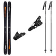 OmenTeamw_Strive14- A ski equipment set on a plain white background, including a pair of black skis with orange and white graphics, two black ski bindings, and two black ski poles with white branding.