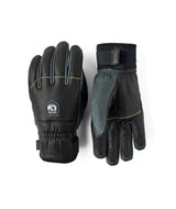OmniTriggerGlove-A pair of black leather winter gloves shown against a plain white background, displaying both the back of one glove with a brand patch and the front of the other glove.