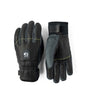 OmniTriggerGlove-A pair of black leather winter gloves shown against a plain white background, displaying both the back of one glove with a brand patch and the front of the other glove.