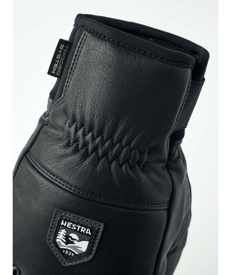 OmniTriggerGlove-A pair of black leather winter gloves shown against a plain white background