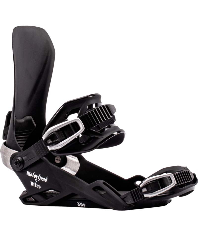 One-Black snowboard binding with Motorhead logo on a white background
