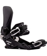 One-Black snowboard binding with Motorhead logo on a white background