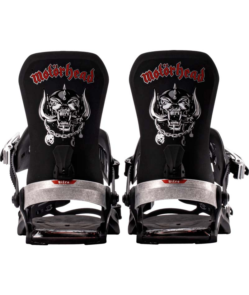 One-Black snowboard binding with Motorhead logo on a white background