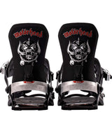 One-Black snowboard binding with Motorhead logo on a white background