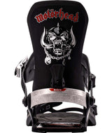 One-Black snowboard binding with Motorhead logo on a white background