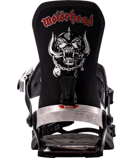 One-Black snowboard binding with Motorhead logo on a white background