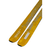Optic104-Yellow skis with branding on a white background