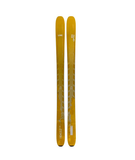 Optic104-Yellow skis with branding on a white background