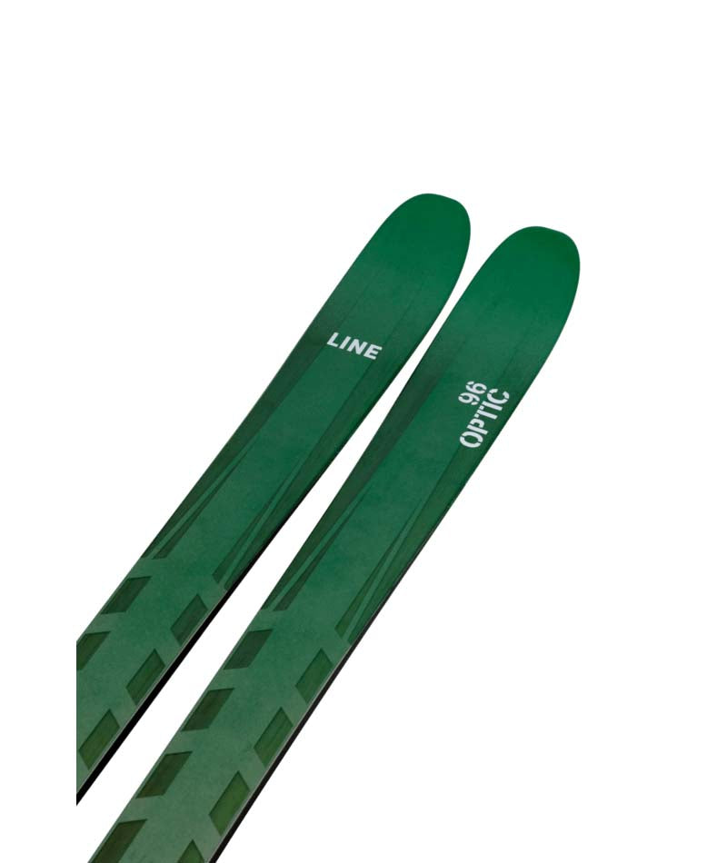 Optic96- Two green skis with camouflage pattern on a white background