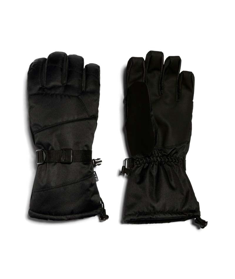 OtisGlove-A pair of black outdoor gloves shown flat against a white background, displaying both the back of one glove with its wrist strap buckle and the palm of the other glove.