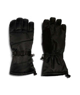 OtisGlove-A pair of black outdoor gloves shown flat against a white background, displaying both the back of one glove with its wrist strap buckle and the palm of the other glove.