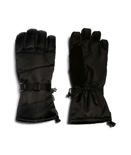 OtisGlove-A pair of black outdoor gloves shown flat against a white background, displaying both the back of one glove with its wrist strap buckle and the palm of the other glove.