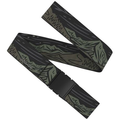 OutofRange-Black and green patterned belt with a visible brand name on a white background