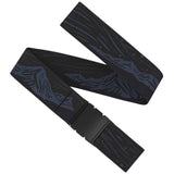 OutofRange-Black belt with blue mountain pattern on a white background