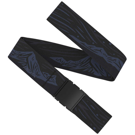 OutofRange-Black belt with blue mountain pattern on a white background