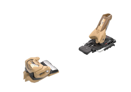 PROTECTOR_ATTACK14GW-Pair of tan and black ski bindings on a white background