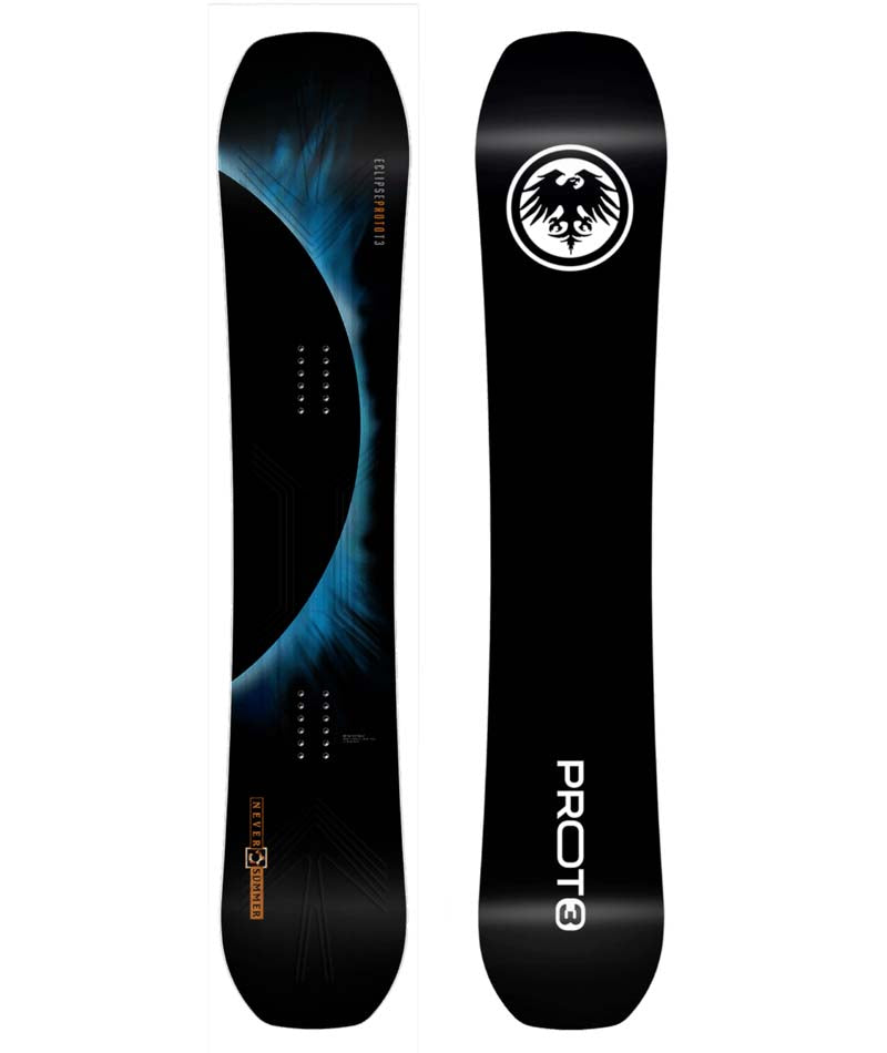 PROTOT3ECLIPSE- Black snowboard with a blue outline of a planet on the topsheet and a fully black base 