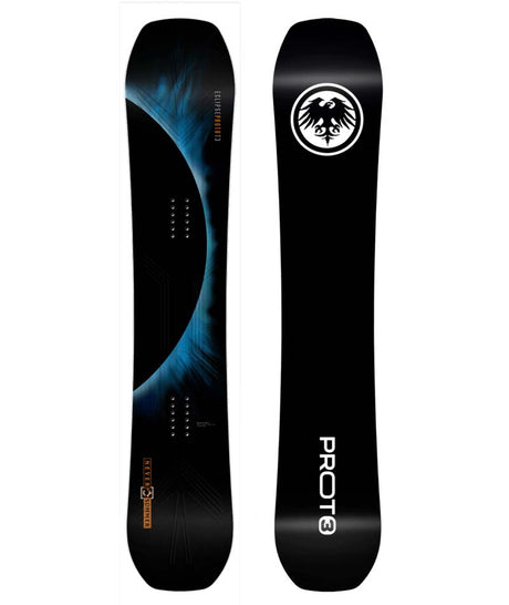 PROTOT3ECLIPSE- Black snowboard with a blue outline of a planet on the topsheet and a fully black base 