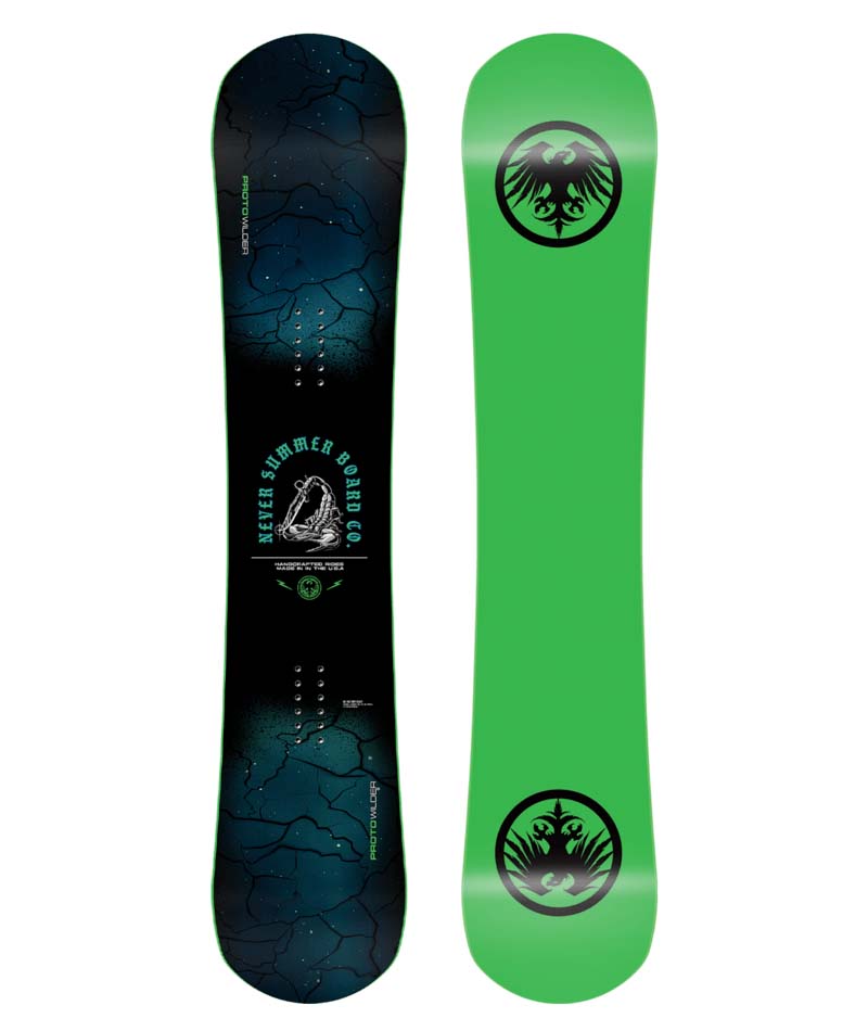 PROTOWILDER- Black and blue snowboard with a green base on a white background