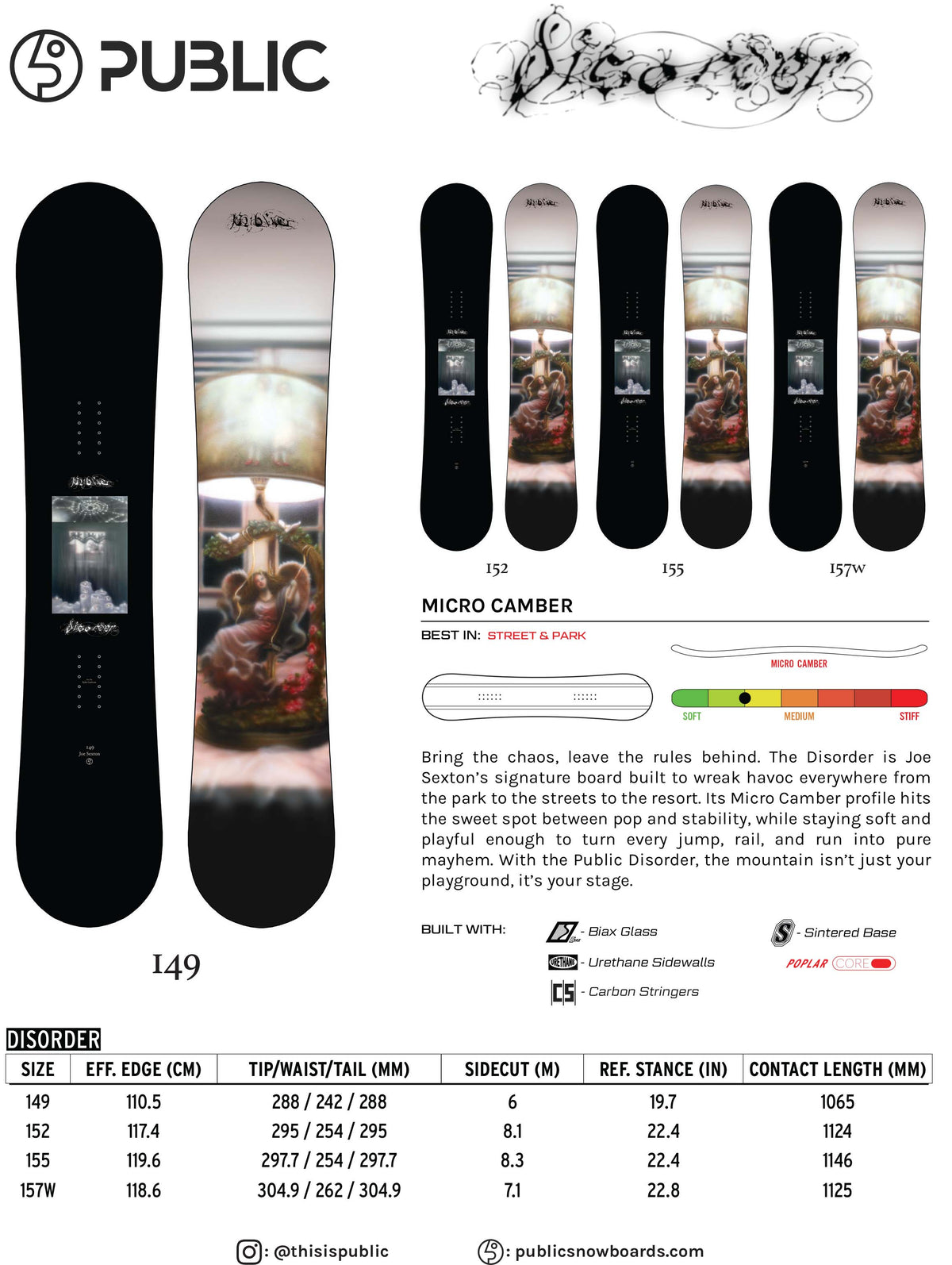 PUBLICDisorder2026-27Sticker- A snowboard specifications and feature sheet for a Public brand snowboard, Disorder model. The sheet includes front and back views of the snowboard, technical specs, a glossary of terms, and brand logos on a white background.