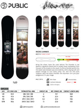 PUBLICDisorder2026-27Sticker- A snowboard specifications and feature sheet for a Public brand snowboard, Disorder model. The sheet includes front and back views of the snowboard, technical specs, a glossary of terms, and brand logos on a white background.