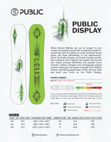 PUBLICDisplay2026-27Sticker- A product information page for a PUBLIC snowboard, the model name is Display, featuring two green side-profile views of the snowboard, a frame camber diagram, a paragraph of descriptive text, and a size table at the bottom on a white background.