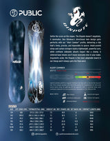 PUBLICDispute2026-27Sticker- A spect sheet for the Public Dispute snowboard, featuring a side-by-side comparison of the blank's front and back graphics, descriptive text, a camber profile diagram, and a size/specification table on a dark blue background.