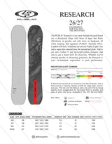 PUBLICResearch2026-27Sticker-A technical product information sheet for the PUBLIC Research 26/27 snowboard, featuring a side-by-side color comparison. The sheet includes technical specifications, dimensions, and a small technical schematic diagram.