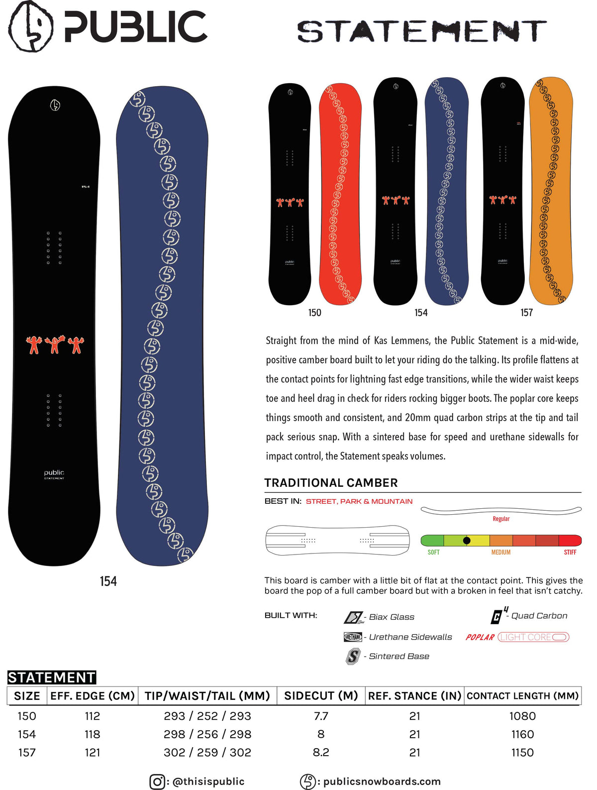 PUBLICStatement2026-27Sticker- A product information sheet for the Public Statement snowboard, showing multiple base color options dependent on the size (blue, orange, red) with technical specifications, dimensions, and a traditional camber diagram on a white background.