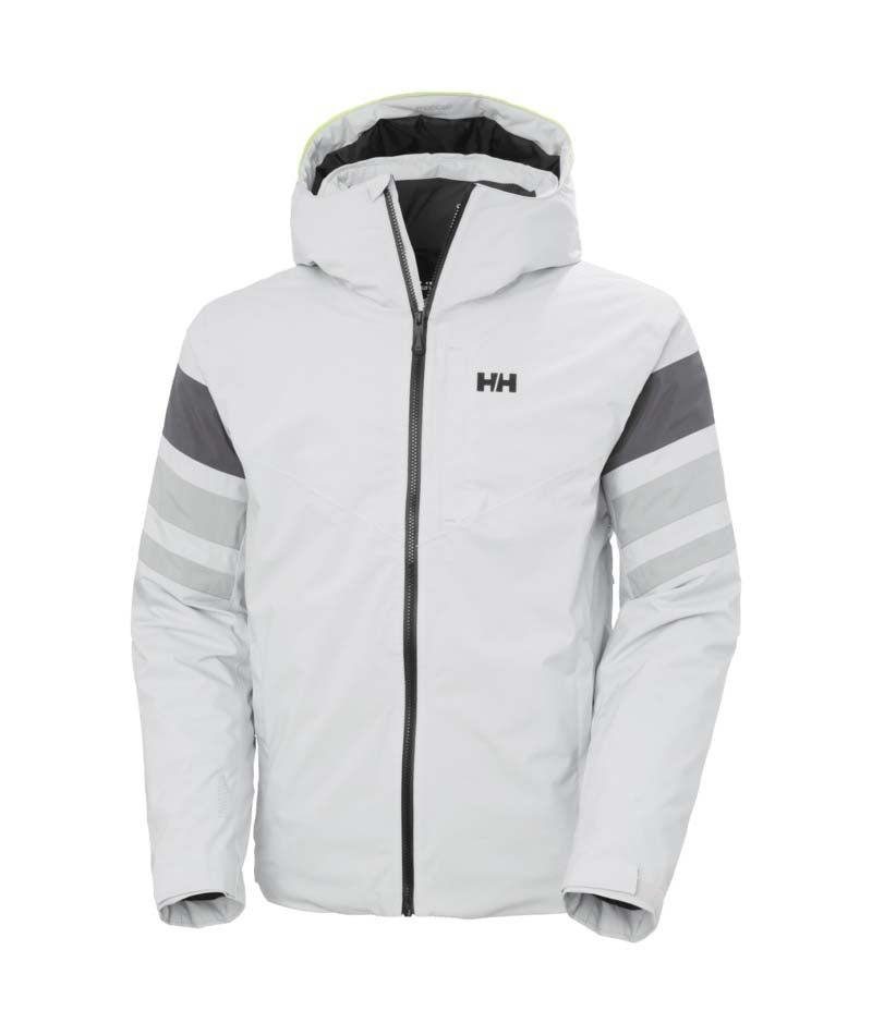 PanoramicInsulatedJacket- White jacket with gray accents and a brand logo on a white background