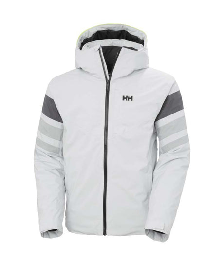 PanoramicInsulatedJacket- White jacket with gray accents and a brand logo on a white background