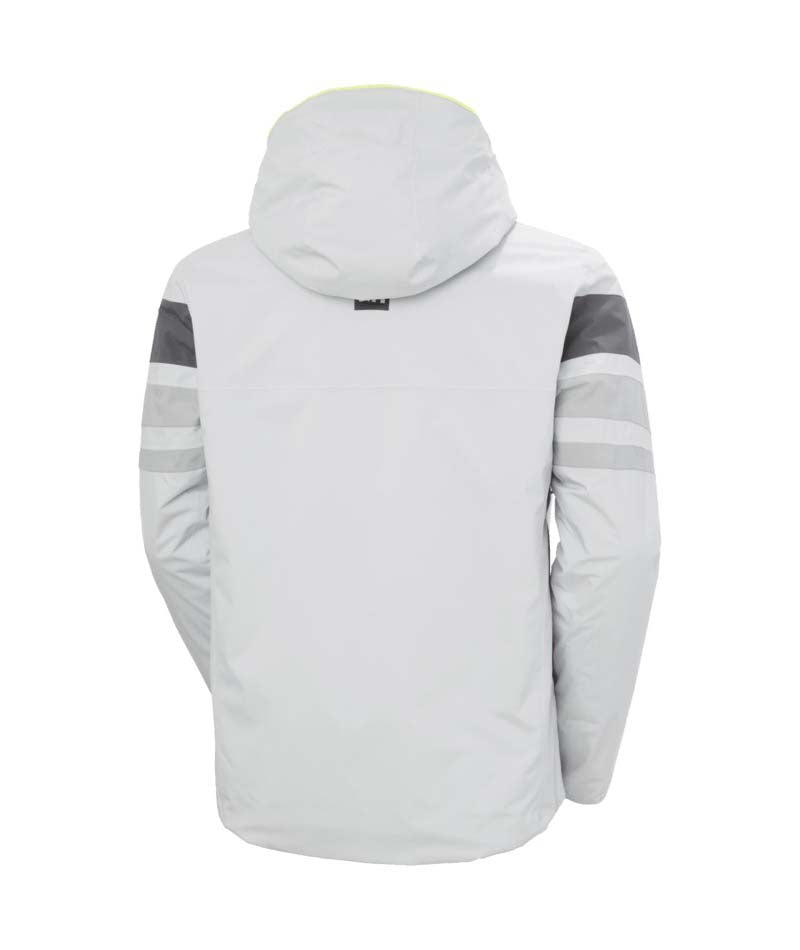 PanoramicInsulatedJacket- White jacket with gray accents and a brand logo on a white background