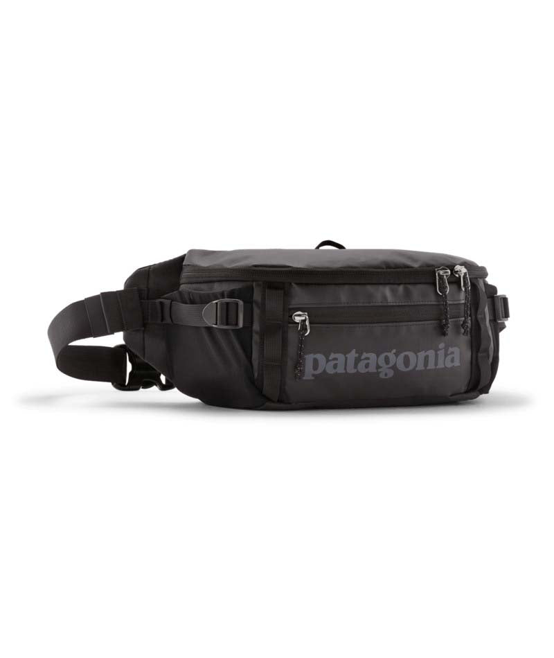 Patagonia Black Hole Waist Pack 5L- Black waist bag with Patagonia logo on a white background