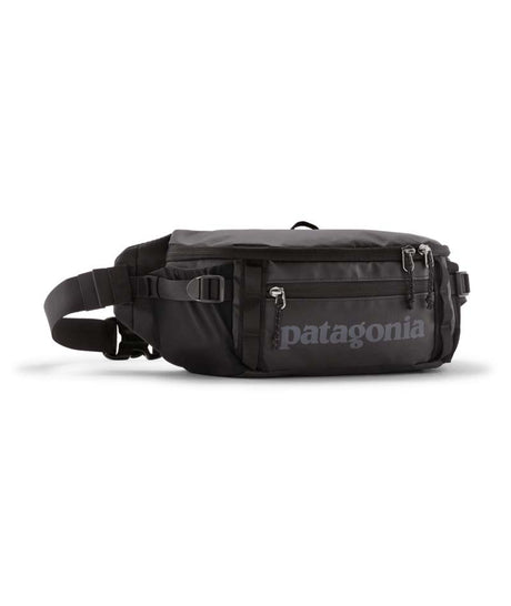 Patagonia Black Hole Waist Pack 5L- Black waist bag with Patagonia logo on a white background