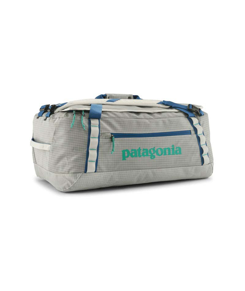 Patagonia Black Hole Duffel 55L-Gray duffel bag with blue accents and Patagonia logo on a white background
