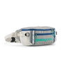 Patagonia Black Hole Waist Pack 5L-Gray waist bag with blue accents and Patagonia branding on a white background
