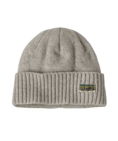 Patagonia Brodeo Beanie- Gray beanie with a logo patch on a white background