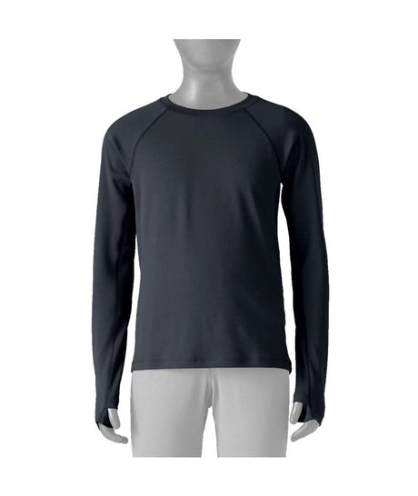 Patagonia Capilene Midweight Kids Crew- Black long-sleeve shirt on a mannequin against a white background