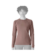 Patagonia Capilene Midweight Womens Crew- Person wearing a light pink long-sleeve shirt on a white background