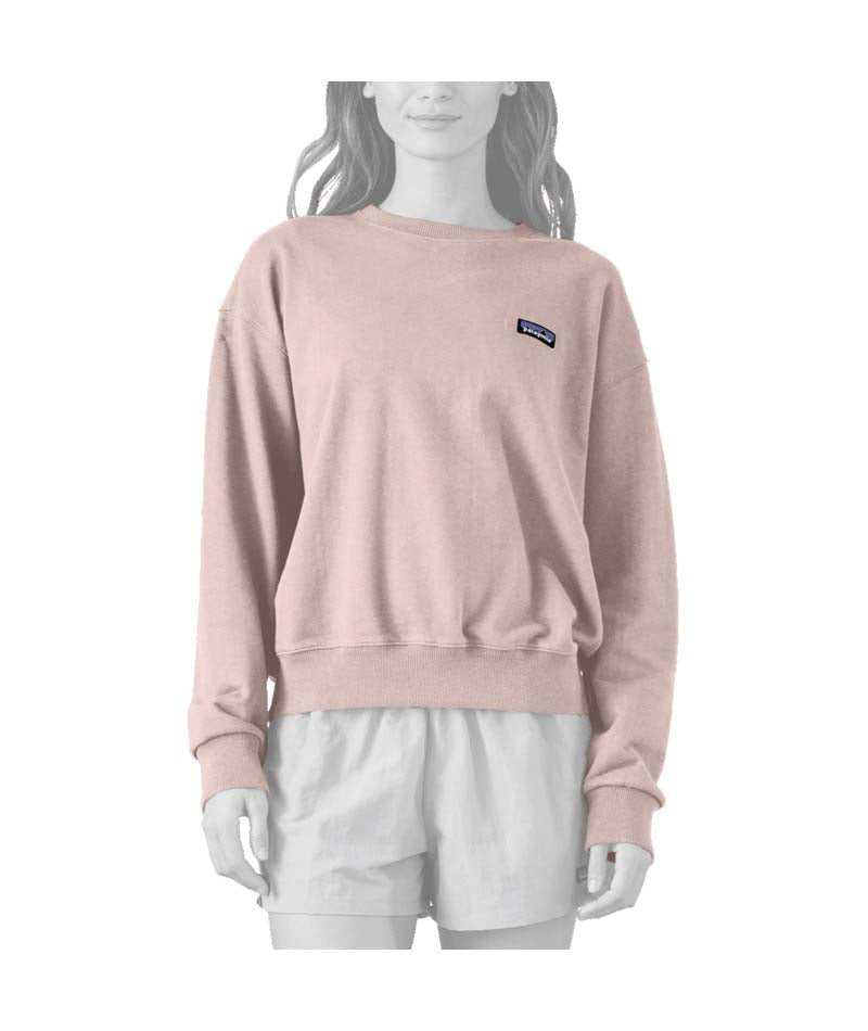 Patagonia Dailey Womens Crew- Mannequin wearing a light pink sweatshirt with a logo on a white background, Shop Patagonia Sale