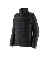 Patagonia Down Sweater Mens Jacket- Black puffer jacket with a brand logo on a white background