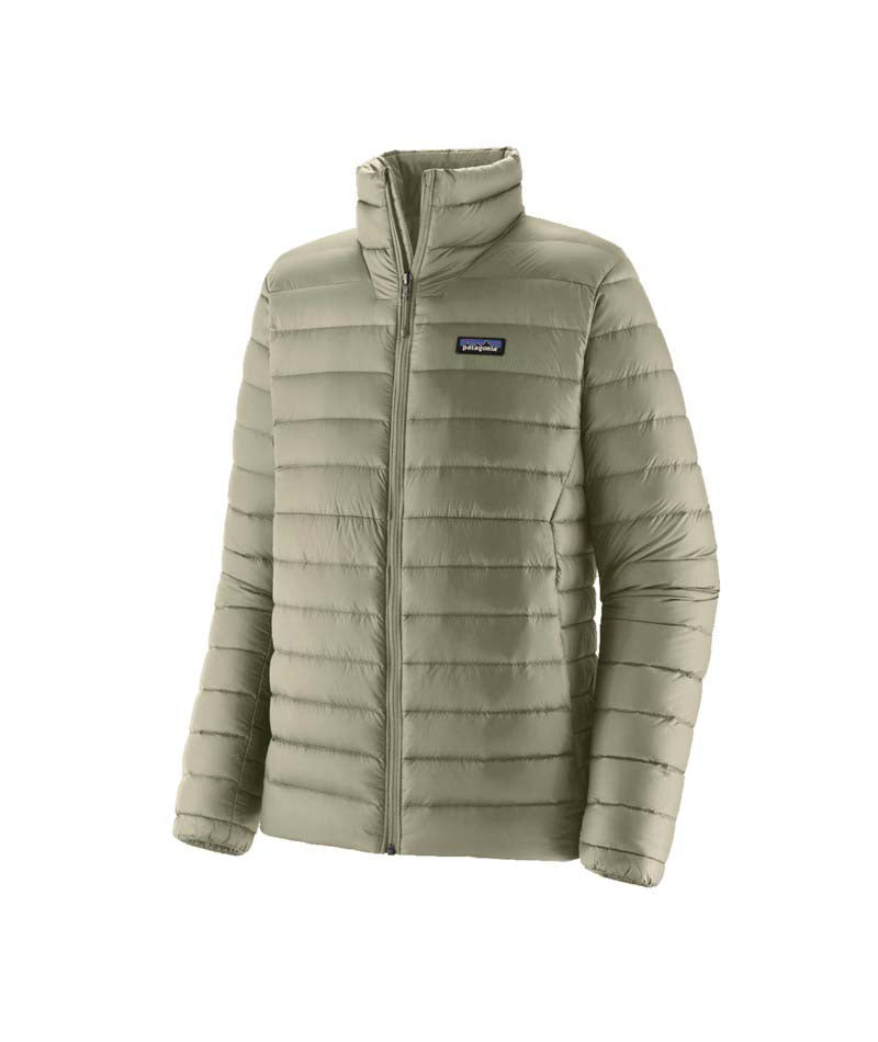 Patagonia Down Sweater Mens Jacket- Light gray puffer jacket with Patagonia logo on a white background