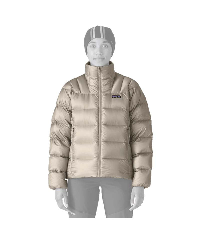 Patagonia Fitz Roy Down Womens Jacket- Beige puffer jacket with Patagonia logo on a white background